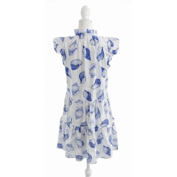 H & M Women's 100% Cotton Medium Frill Trim White & Blue Seashell Dress - Picture 3 of 7